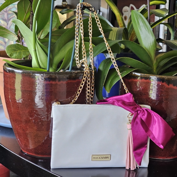 Prada Handbags - Prada Candy White Clutch w/Crossbody Chain, Twilly, Charm, & Tassel Added NWOT